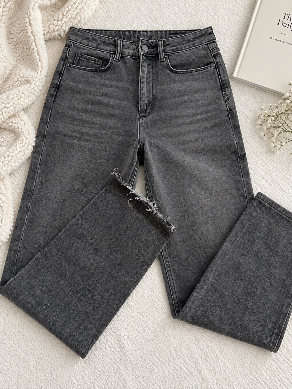 AllSaints Charcoal Gray Straight Leg Jeans with Frayed Hem